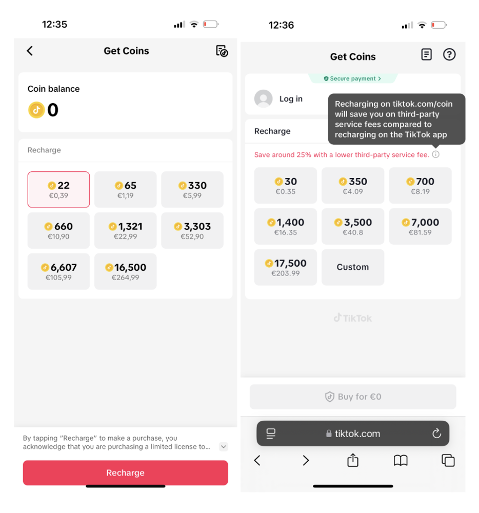 TikTok Coins Kauf in der App