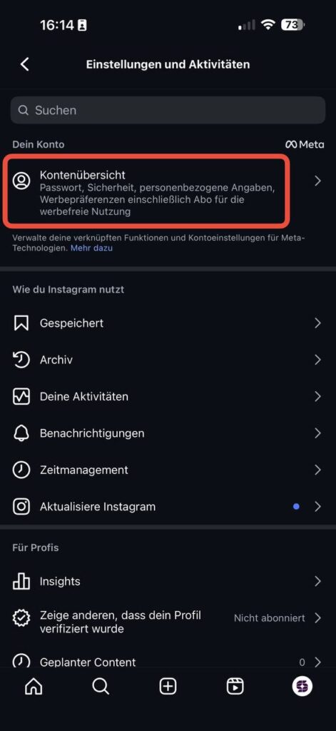 Instagram Einstellungen – Kontenübersicht markiert