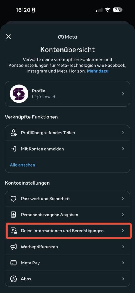 Meta Kontenübersicht – Deine Informationen und Berechtigungen