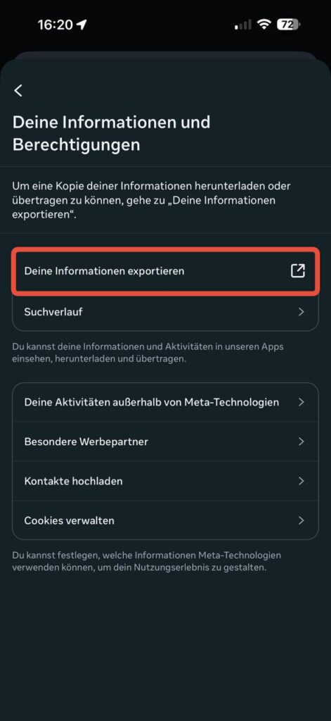 Bereich Informationen und Berechtigungen – Informationen exportieren