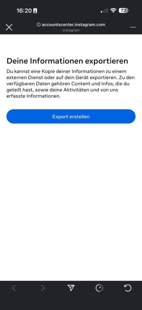 Accounts Center – Schaltfläche Export erstellen