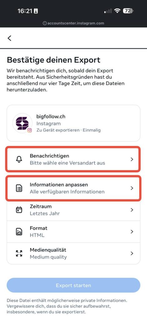 Exportübersicht – Benachrichtigen und Informationen anpassen