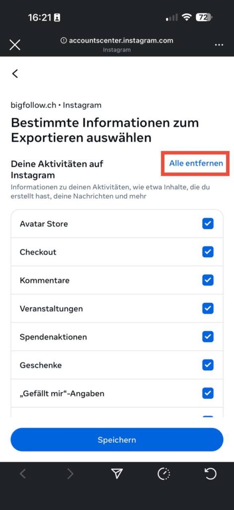 Auswahl Informationskategorien – Alle entfernen