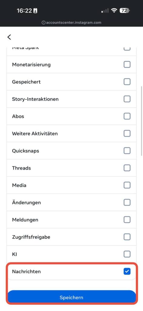 Liste der Kategorien – nur Nachrichten ausgewählt