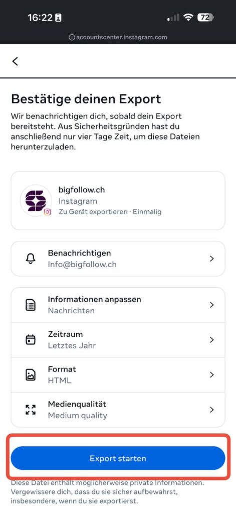 Exportübersicht mit Zeitraum, Format HTML und Export starten