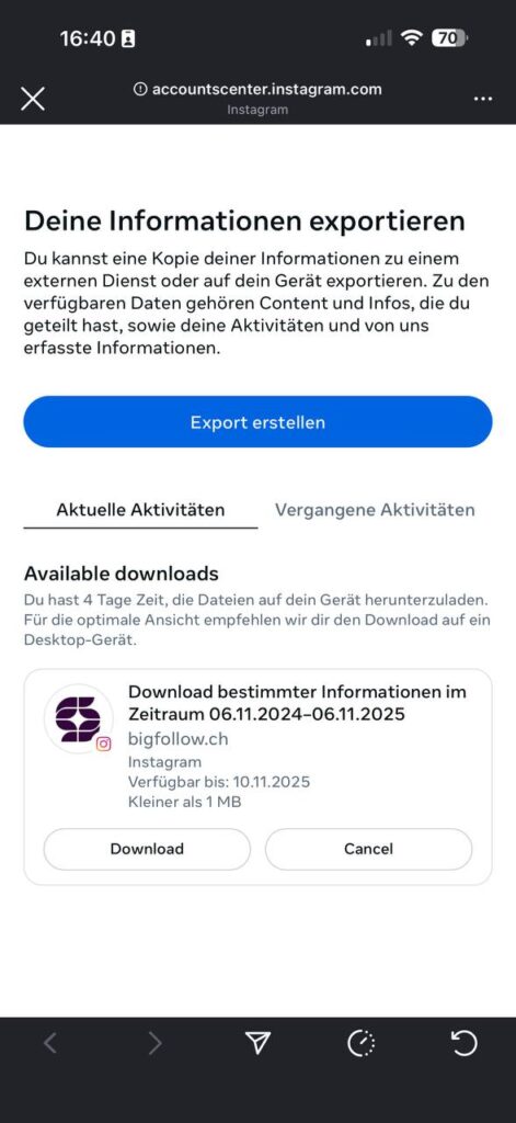 Accounts Center – Available downloads mit Download-Button